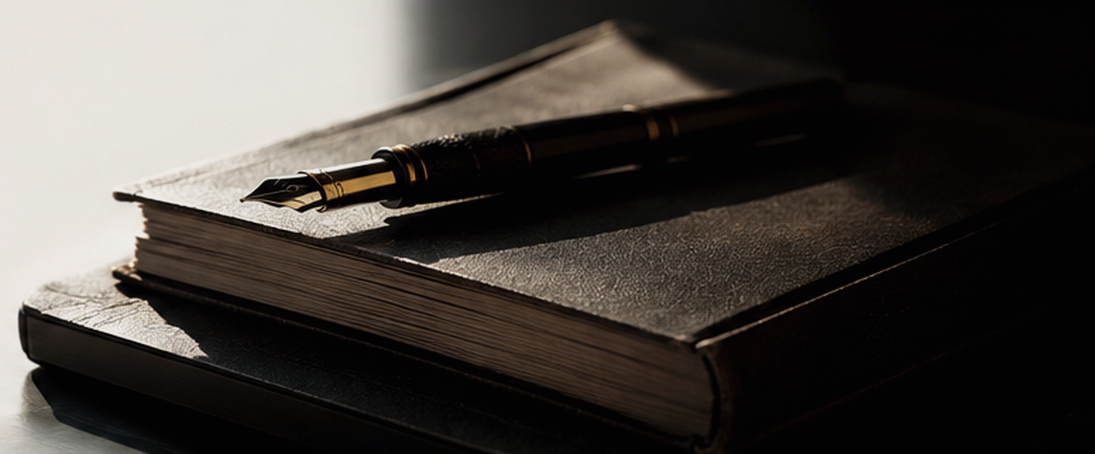 Editorial study of a fountain pen resting on a dark bound ledger.