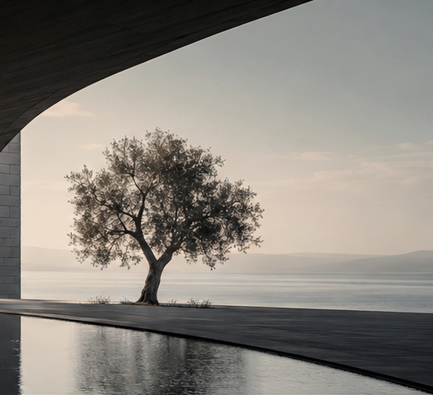 Editorial study of a solitary tree framed by contemporary architecture and the sea.