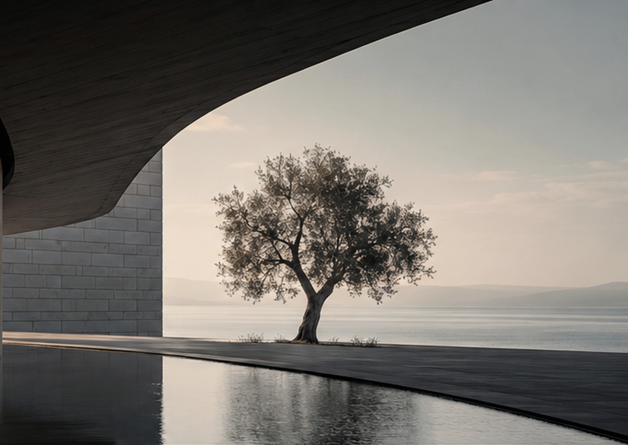 Editorial study of a tree, still water and restrained architecture.